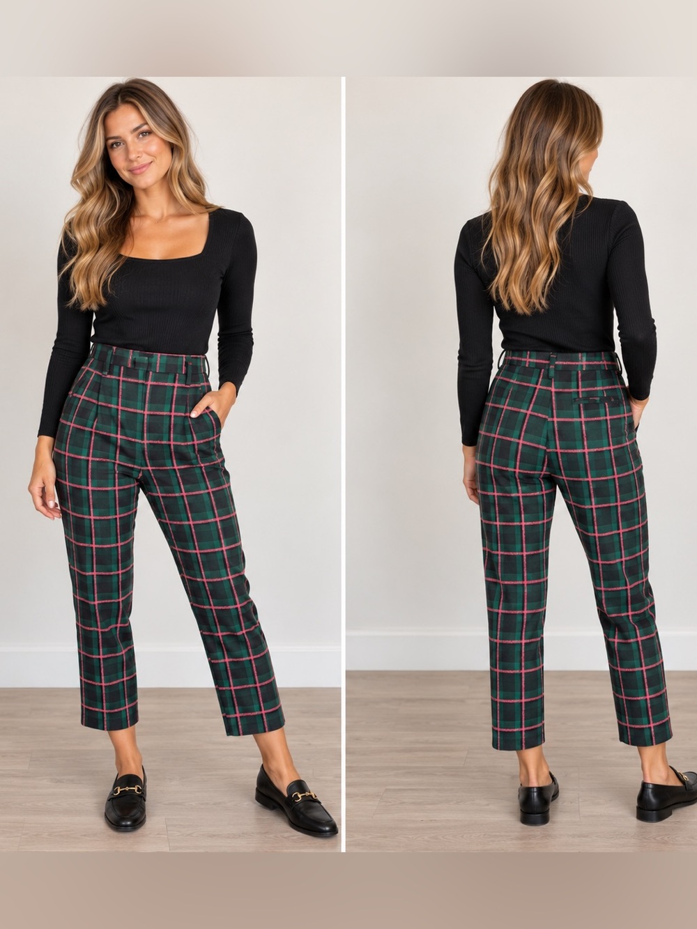 Topshop Green & Black Plaid Trousers Pink Grid High Rise Size 2